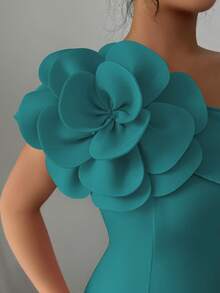 Modelyn Women's Oblique Shoulder Floral Decor Elegant Party Dress - Aqua Green - View 6