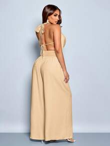 SOLERSUN Bộ đồ hai mảnh dành cho nữ, gồm áo gile cổ yếm và quần ống rộng bằng vải chiffon màu trơn, thích hợp cho kỳ nghỉ nhiệt đới, hoặc các lễ hội âm nhạc, hòa nhạc đồng quê, bộ đồ mùa xuân hè dễ thương dành cho các cô gái sành điệu. - Màu Khaki - Xem 2