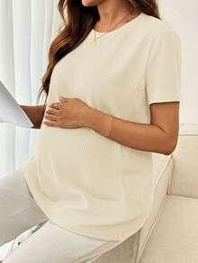 SHEIN 孕妇及哺乳期纯色圆领短袖上衣，夏季百搭 - 芥末黃 - 查看 3