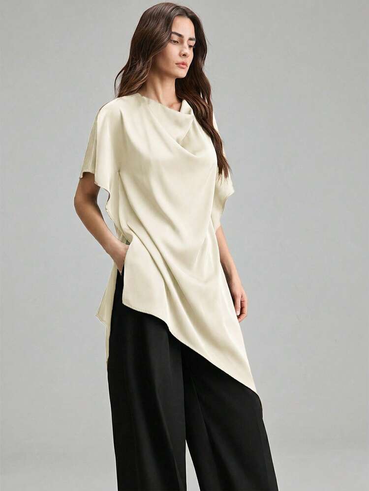 2026SS New Asymmetric Hem Short Sleeve Woven Blouse For Women, Suitable For Valentine's Day, Wedding Season, Wedding Guest,Summer Top