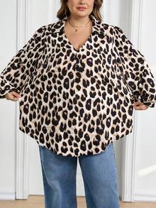 SHEIN CURVE+ 大码女装秋冬休闲宽松舒适V领黑色长袖衬衫，秋季女装，女式衬衫，大码上衣，复古风，黑色上衣，商务休闲女装，办公室女装，W码，教师衬衫，女士秋冬服装，冬季，大码 - 棕色 - 查看 4