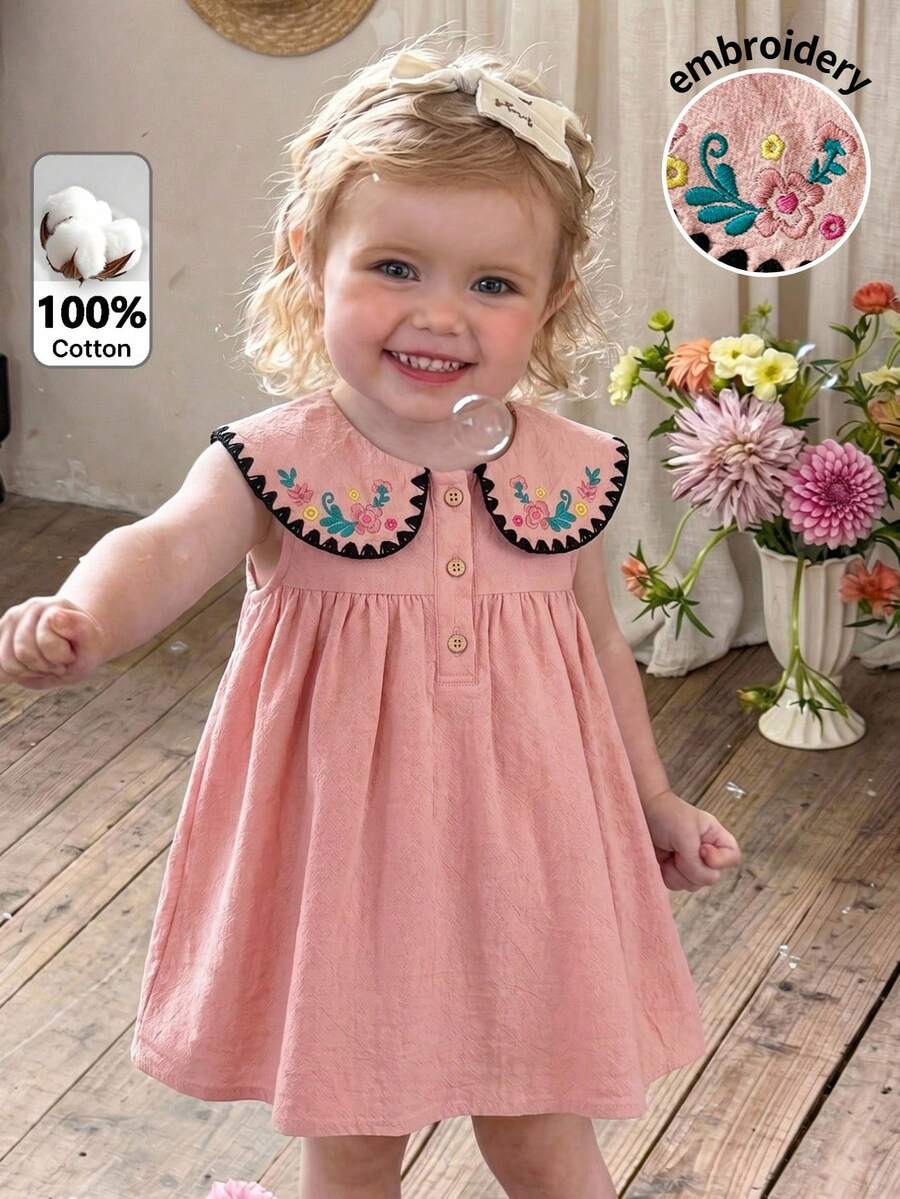 SHEIN LMoss Kids 女婴花卉刺绣图案彼得潘领半开襟无袖连衣裙 - 粉色 - 查看 1