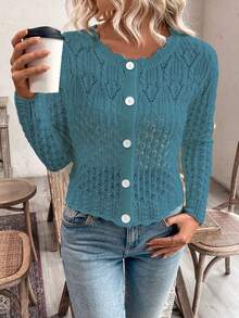 Áo khoác cardigan nữ cổ tròn khoét lỗ cài nút phía trước, áo len dệt kim mùa thu/đông. - Màu xanh lam - Xem 6