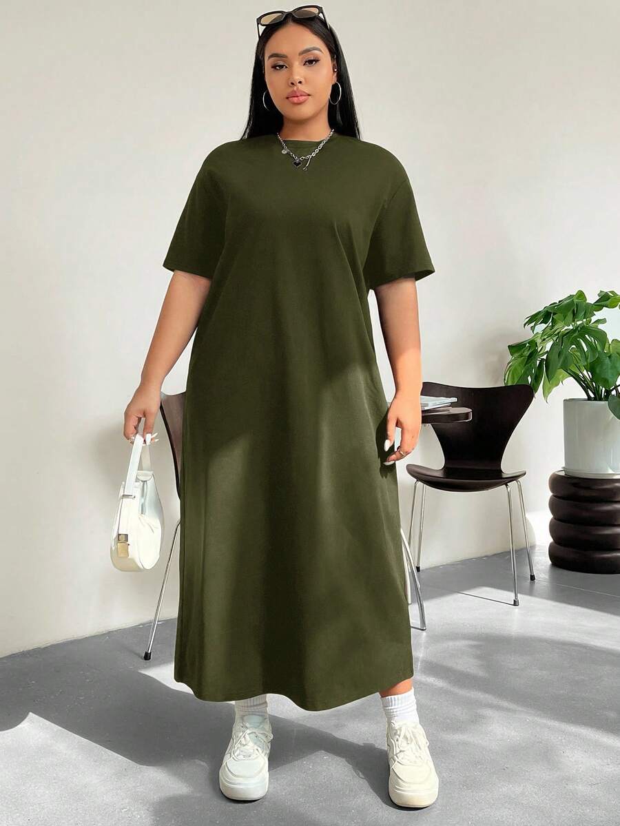 SHEIN EZwear 大码女式休闲日常通勤简约纯色落肩宽松T恤连衣裙 - 綠色 - 查看 1