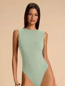 Mono de mujer de unicolor casual con espalda descubierta, decoración de cadena metálica en el cuello, adecuado para playa, vacaciones, resort, trabajo casual, viajes, salidas de ocio, mono marrón, mono elegante y sexy con espalda descubierta - verde menta - Ver 4
