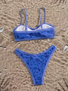 Swim Mod Bộ 2 món bikini in họa tiết ngẫu nhiên, dây đeo điều chỉnh được, kiểu dáng gợi cảm và thanh lịch, thích hợp cho bãi biển và tiệc bể bơi. - Màu xanh lam - Xem 3