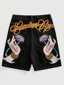 ROMWE MEN Pantalones cortos de mezclilla casuales con bordado de letras y gráficos para hombres, de verano - Negro - Ver 1