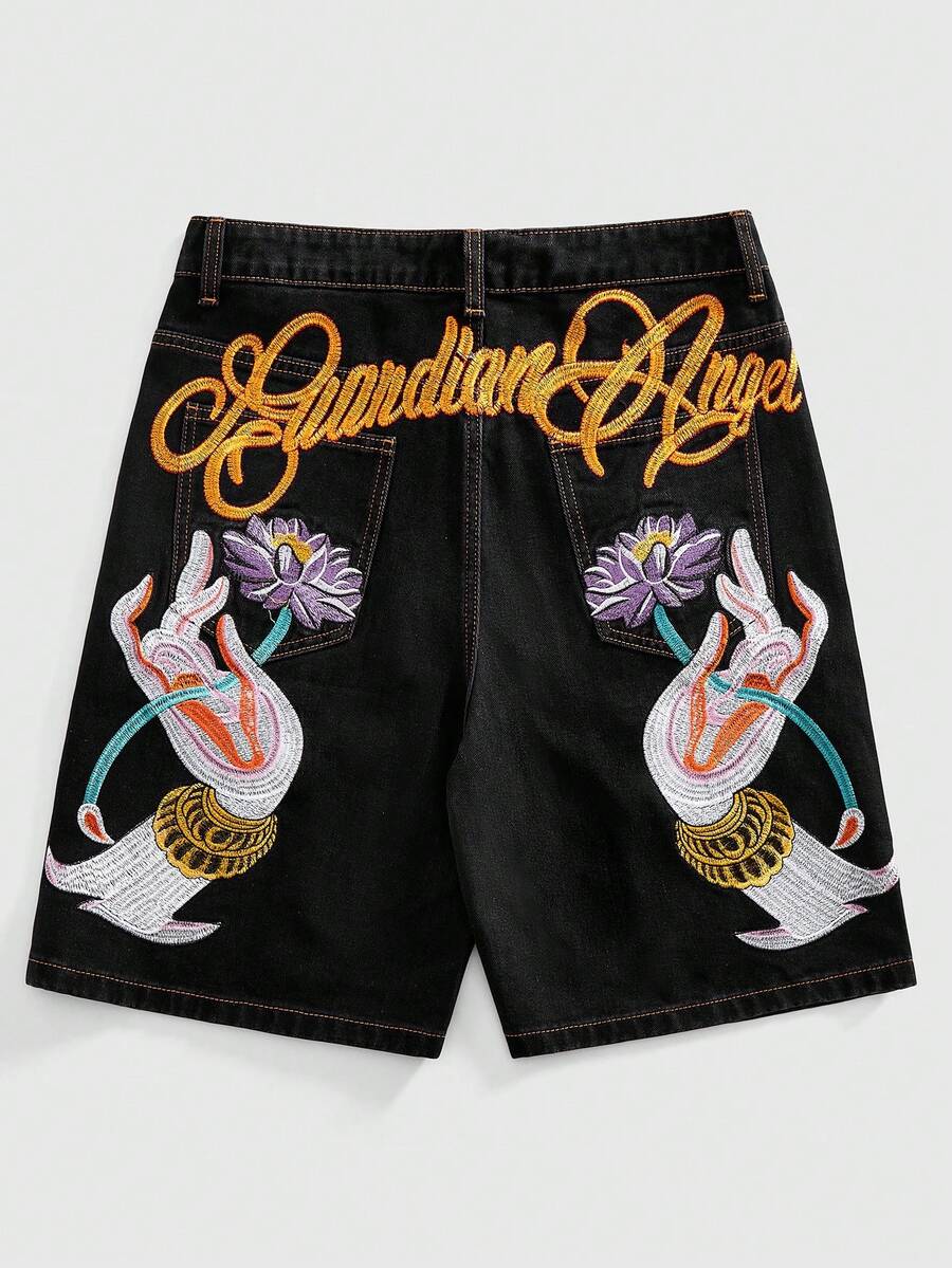 ROMWE MEN Pantalones cortos de mezclilla casuales con bordado de letras y gráficos para hombres, de verano - Negro - Ver 1