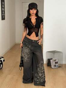 SHEIN Coolane Women's Summer Chic Y2k Casual Techno Outfit Date Night New Chinese Style Mesh Black Tees,Summer Top,Party Top - Black - View 2