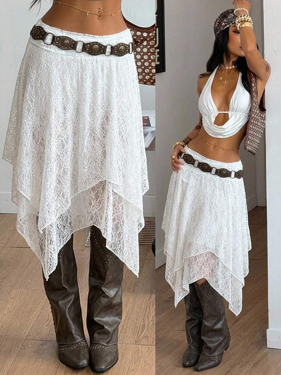 SHEIN Coolane Women's  Summer Party/Graduation/Casual/Vacation/Streetwear/Y2K/Fashionabl/Back To School/Chic Lace Stretchy Comfortable White Skirts,Two Ways To Wear: Skirt And Strapless Top - White - View 1