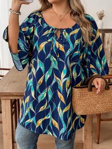 SHEIN CURVE+ Áo thun nữ cỡ lớn CURVE PLUS /Ngày Valentine/Áo thun cổ buộc dây tay lửng thoải mái, đa năng, thích hợp mặc hàng ngày đi làm - Nhiều màu - Xem 4