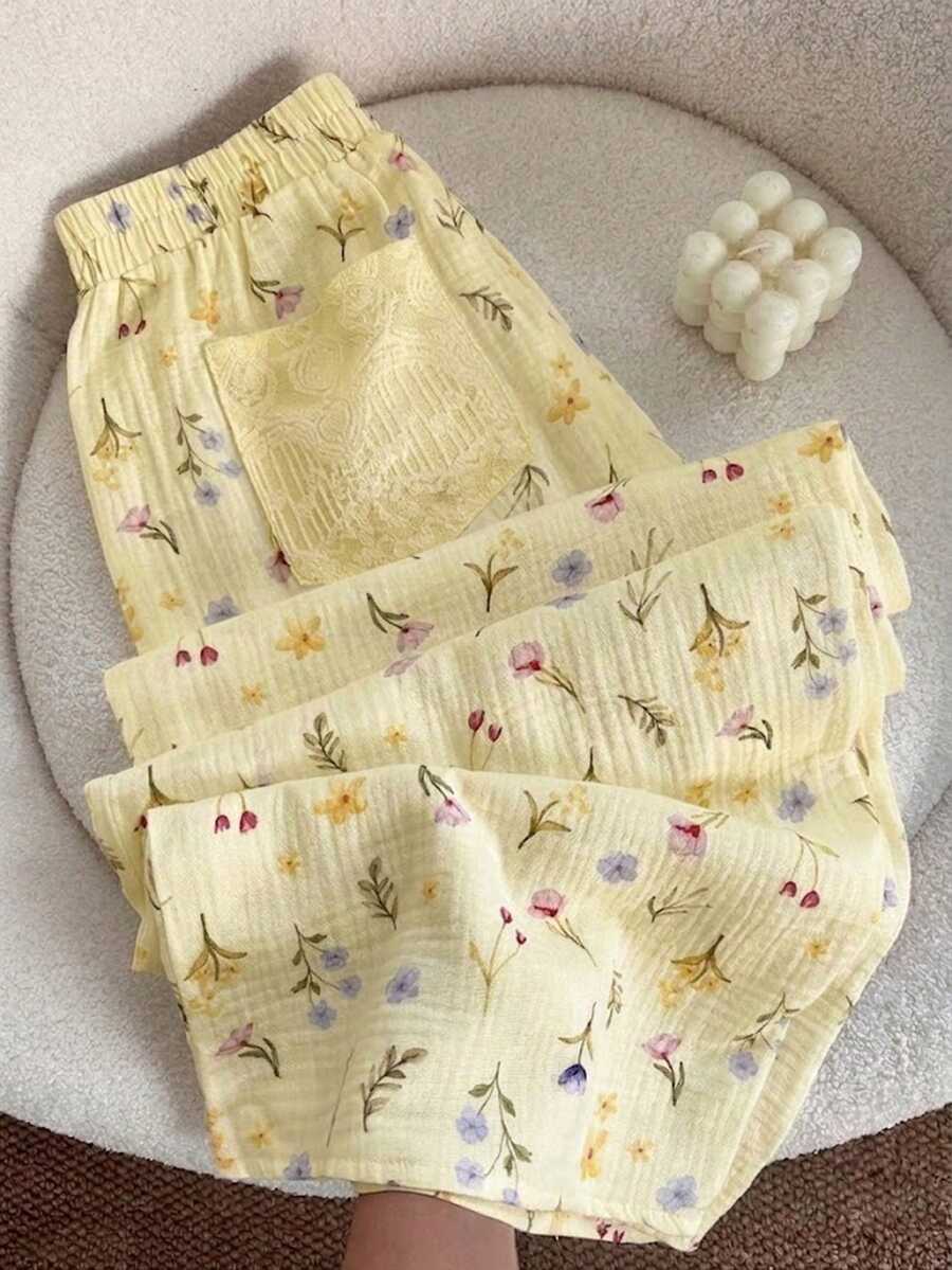 GlowEve Pantalones anchos de verano para mujer con estampado de encaje y parches en blanco - Amarillo claro - Ver 1