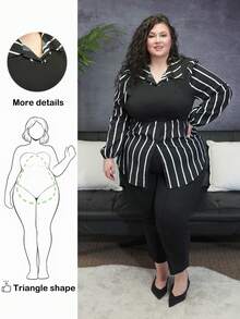 Blusa casual de manga larga con cuello vuelto, estampado de rayas y parches, para vacaciones, talla grande - Blanco y Negro - Ver 1