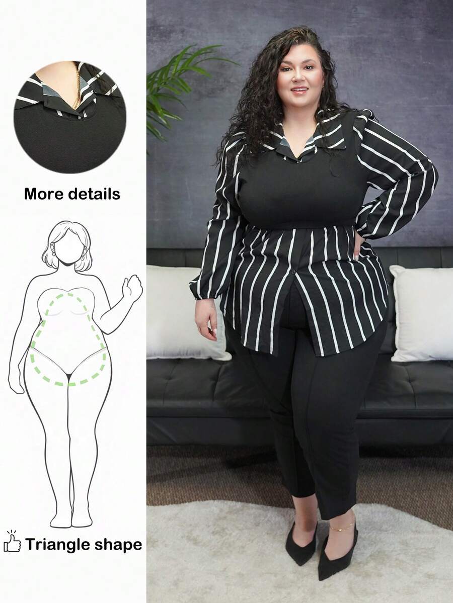 Blusa casual de manga larga con cuello vuelto, estampado de rayas y parches, para vacaciones, talla grande - Blanco y Negro - Ver 1