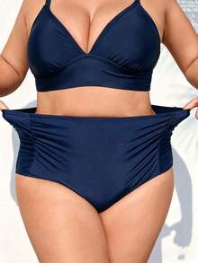 SHEIN CURVE+ Summer Beach Plus Ruched High Waisted Bikini Bottom, Beach Outfits For Woman, Plus Size For Woman, Bathing Suits, Slimming Swimwear - Navy Blue - View 1