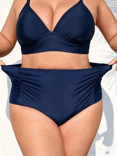 SHEIN CURVE+ Quần bikini cạp cao xếp ly mùa hè dành cho nữ, trang phục đi biển cho nữ, cỡ lớn dành cho nữ, đồ bơi, áo tắm giúp thon gọn vóc dáng.