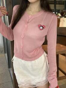 DAZY 女士休闲日常/通勤/度假波点爱心刺绣单排扣开衫，春秋季 - 粉色 - 查看 3