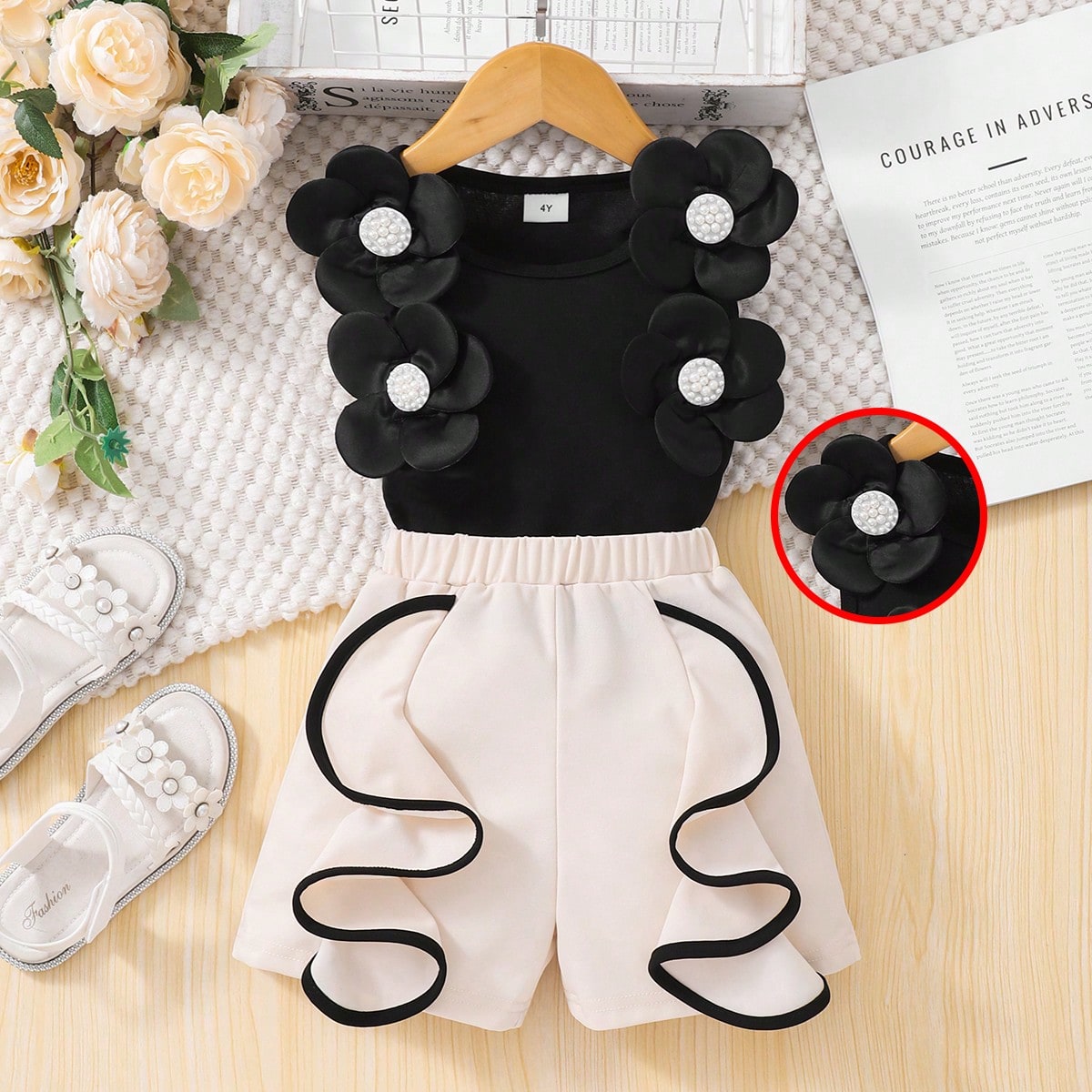 Conjunto dulce para niñas, primavera/verano, parte superior sin mangas con decoración de flor 3D y perla + pantalones cortos con volante de contrast