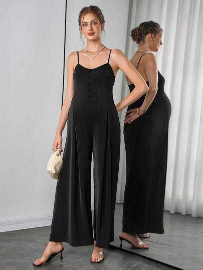 SHEIN Bộ áo liền quần cho bà bầu thanh lịch, trang nhã, cài cúc, dây mảnh, xếp ly, ống rộng, thích hợp cho mùa xuân/hè.