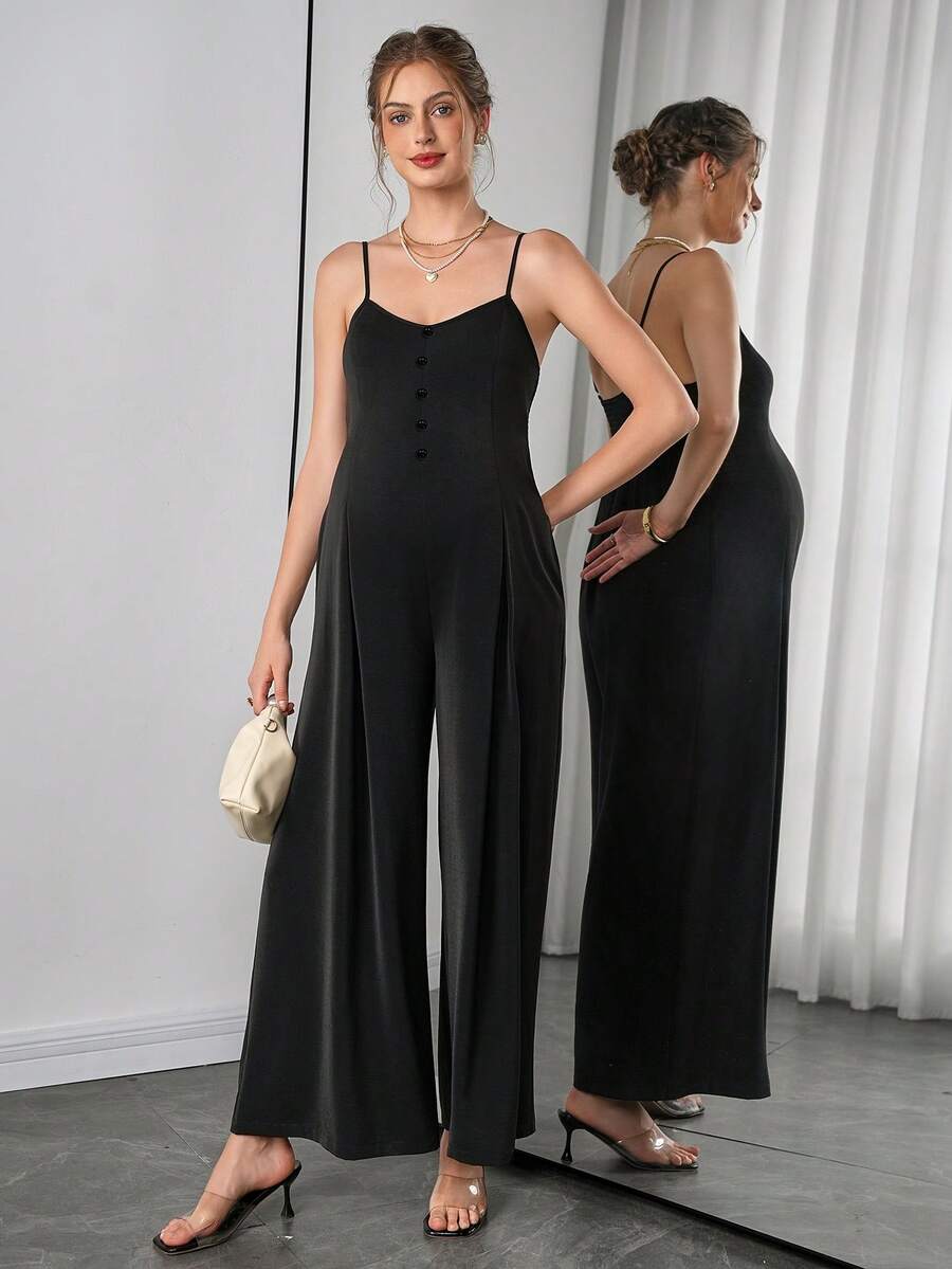 SHEIN Bộ áo liền quần cho bà bầu thanh lịch, trang nhã, cài cúc, dây mảnh, xếp ly, ống rộng, thích hợp cho mùa xuân/hè. - màu đen - Xem 1