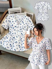 SHEIN Clasi Chemise décontractée à manches courtes, taille cintrée, col en V, avec décoration de nœud, imprimé floral numérique, en jacquard tissé, faux coton, avec broderie de pétales ajourés. Convient pour les sorties, les fêtes, la plage, les vacances. Tailles plus. - Multicolore - Voir 1