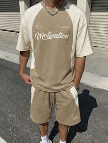 Manfinity Hypemode Men's Contrast Color Raglan Sleeve Short Sleeve T-Shirt And Shorts Set, Suitable For Daily Life, Outings, Vacation And Travel - Khaki - View 3