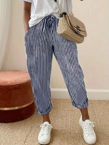 EMERY ROSE Celana Wanita Bergaris Kasual Serbaguna untuk Pemakaian Sehari-hari - Navy Blue - View 3