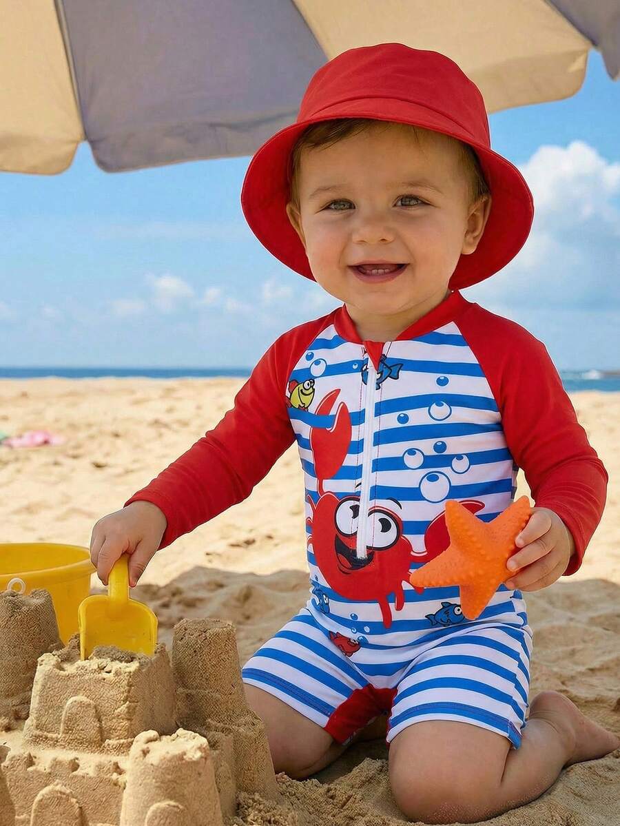 LMoss Kids Baju Renang Bayi Laki-laki Motif Kepiting Garis-garis Blok Warna Lengan Panjang Setengah Resleting dengan Topi Pelindung Matahari, Pakaian Pantai/Resor - MultiWarna - View 1