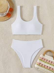 SHEIN Swim Conjunto De Sujetador Unicolor Y Bikini Para Mujeres, Adecuado Para Verano, Playa, Piscina - Blanco - Ver 5