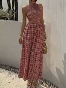 SHEIN EZwear Women's Pink Plaid,Summer,Tropical,Holiday,Vacation,Holiday Sleeveless Fitted Waist Red & White Plaid Dress, Date Beach Elegant Wedding Party - Red - View 7