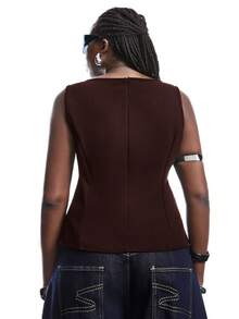 LYSMO Plus Size Elegant Coffee Brown Belted Camisole, Summer - Coffee Brown - View 2
