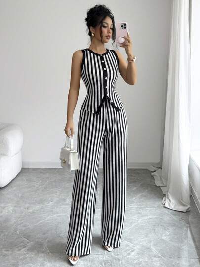 Elenzga 黑白竖条纹无袖背心和阔腿裤两件套，优雅针织通勤装，休闲时尚女装