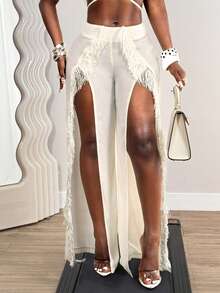 BamGleam Women Semi-Transparent Flowing Chiffon Pants,Side Slit Fringe Design,Summer,Party Golf,Vacation,Lightweight Fabric Beach Holiday Pants Girlisim - Apricot - View 7