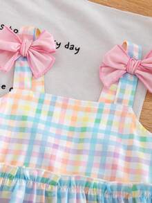 SHEIN Little Byeori 小女孩格子蝴蝶结装饰荷叶边上衣和阔腿裤休闲日常穿搭 - 彩色 - 查看 4