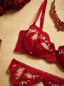 Bộ đồ lót lưới thêu gợi cảm 5 món cho nữ khi đi chơi - Màu Đỏ Sâu - Xem 3