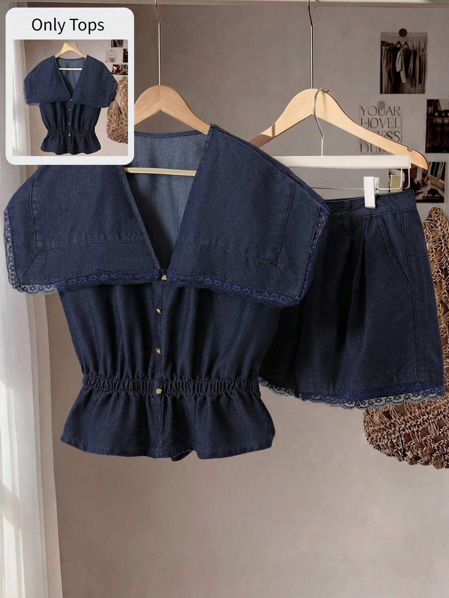 GlowEve Women's Casual Lace Trim Denim Blouse, Summer - Blue - View 1