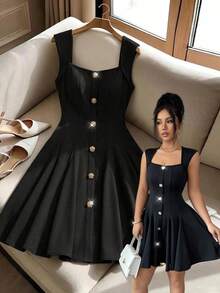 SHEIN Elenzya 女士纯色简约休闲短裙 - 黑色 - 查看 1