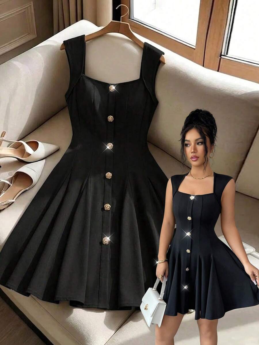 SHEIN Elenzya 女士纯色简约休闲短裙 - 黑色 - 查看 1