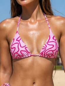 SHEIN Swim Summer Beach Allover Print Halter Triangle Bikini Top - Pink - View 4