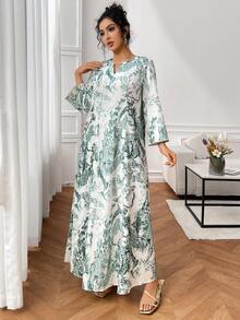 SHEIN Najma Đầm dáng rộng thanh lịch kiểu dáng nghỉ dưỡng, cổ chữ V, in họa tiết, thiết kế kín đáo, phù hợp cho mùa xuân và mùa thu. - màu xanh lá - Xem 5