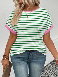 EMERY ROSE Camiseta de manga corta con cuello redondo y estampado de rayas, de talla grande, casual y versátil para primavera/verano - Multicolor - Ver 4