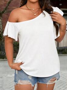 EMERY ROSE Plus Size Women Summer Casual Solid Color Asymmetrical Shoulder Ruffle Trim T-Shirt - White - View 4