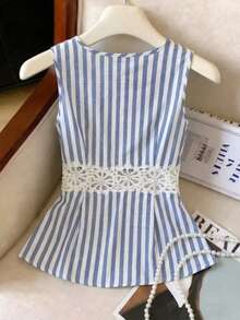 SHEIN Franclia 女士优雅度假风条纹印花撞色蕾丝无袖背心，夏季 - 藍色 - 查看 2