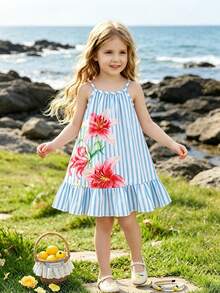SHEIN Elladie kids 女童春夏简约清新连衣裙，梭织面料，蓝白条纹红色花卉数码印花，荷叶边下摆，无袖直筒连衣裙，可爱休闲，甜美时尚，适合日常穿着、外出、旅行、派对等场合。 - 藍色 - 查看 3