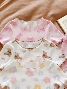 SHEIN LMoss Kids Dozemod Baby Girl Cute Cartoon Bear & Floral Print Ruffle Trim Round Neck Short Sleeve Top And Pants 6-Piece Casual Comfortable Knit Pajama Set - Multicolor - View 6