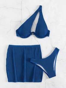 SHEIN Swim 羅紋比基尼套裝鏤空鋼圈文胸和高衩下裝和沙灘裙3入組泳衣 - 寶藍色 - 查看 6