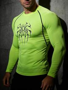 Gym Rark Men's Neon Green Spider Print Tight Long Sleeve T-Shirt,Black,Summer,Athleisure,Gym Sports Top,Graphic Undershirt,Stretchy Workout Tee Shirts - Green - View 5