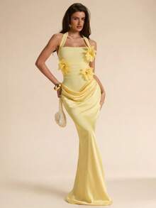SHEIN BAE Vestido transparente con cuello de halter y drapeado en color amarillo crema con decoración floral, vestido de satén de corte sirena elegante en parches de color rosa elegante, vestido de cóctel mini elegante en color rosa, vestido de satén de verano, vestido elegante, vestido de playa y vacaciones, vestido mini para fiesta de cumpleaños, vestido de invitada de boda, vestido para brunch, vestido amarillo - Amarillo claro - Ver 4