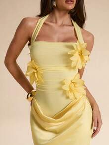 SHEIN BAE Vestido transparente con cuello de halter y drapeado en color amarillo crema con decoración floral, vestido de satén de corte sirena elegante en parches de color rosa elegante, vestido de cóctel mini elegante en color rosa, vestido de satén de verano, vestido elegante, vestido de playa y vacaciones, vestido mini para fiesta de cumpleaños, vestido de invitada de boda, vestido para brunch, vestido amarillo - Amarillo claro - Ver 7