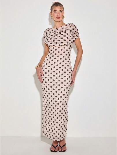 COSMINA Women's Fashionable Fitted Polka Dot Elegant Long Dress, Summer